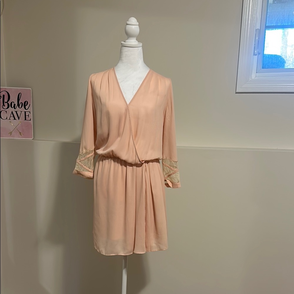 Peach V-Neck Dress with Lace Sleeves